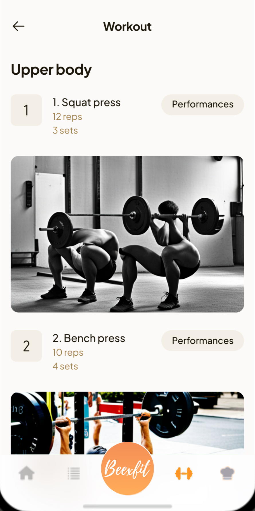 Écran séance Upper body de l'application Beexfit